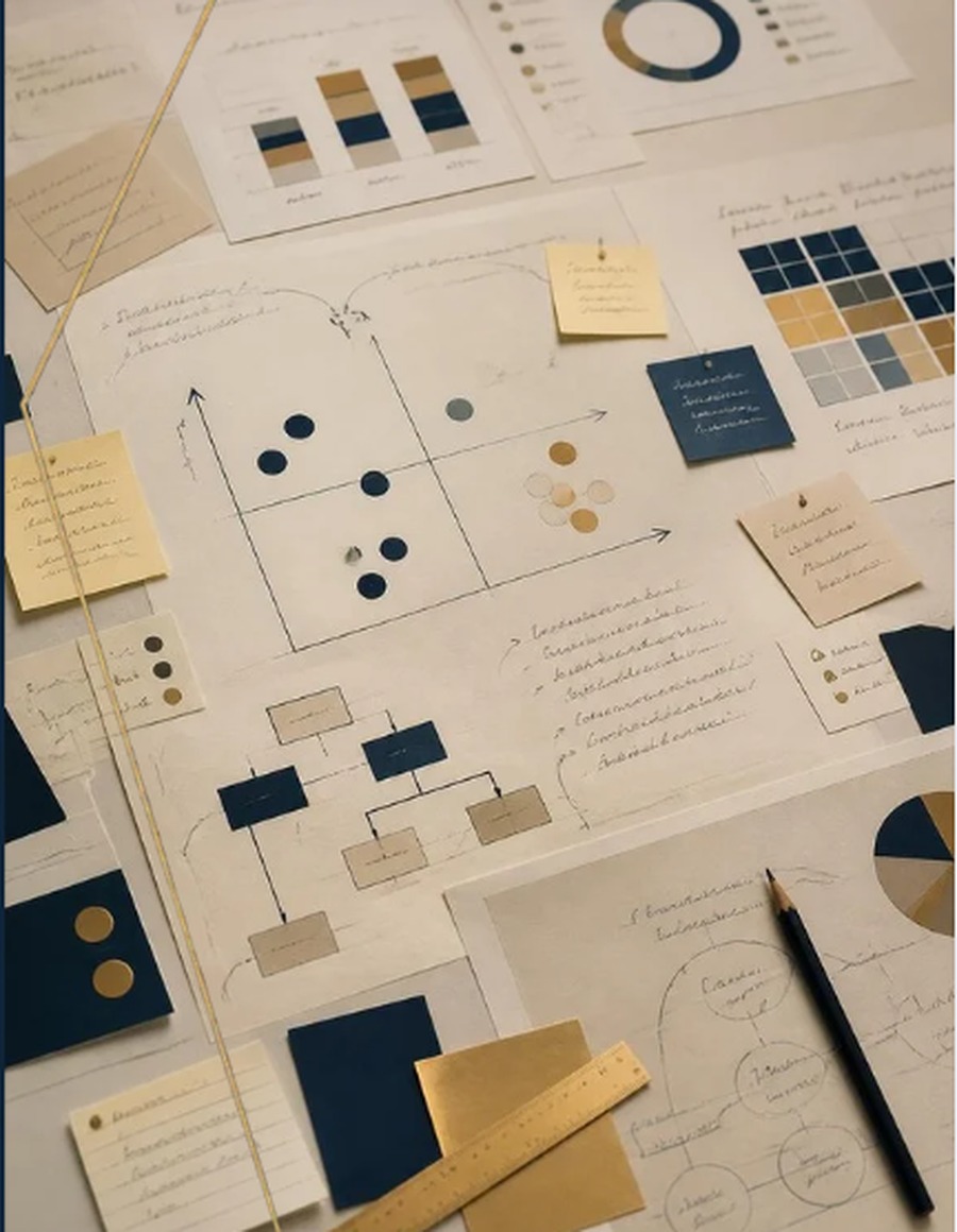 Positioning frameworks and decision trees spread across an editorial strategy worktable